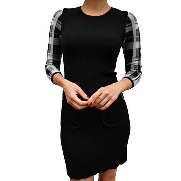 Karen Millen Dresses & Skirts - Karen Millen 100% Wool Mini Dress 3/4 Length Plaid Sleeves Black Size 3 US 8/10